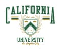 California university t-shirt design with varsity shield and laurel wreath. Tee shirt and sports apparel print in college style.